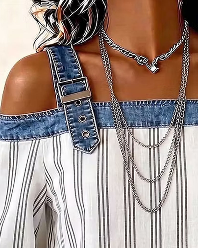 Bluse Denim Off-Skulder Stripe Panel