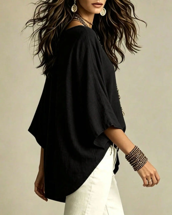 Blouse V-Hals Trekvart Erme Løs