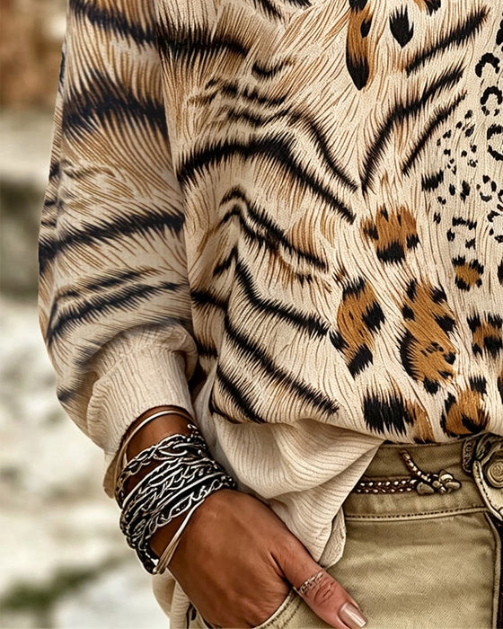Bluse Rundhalset Leopard Lang Erme