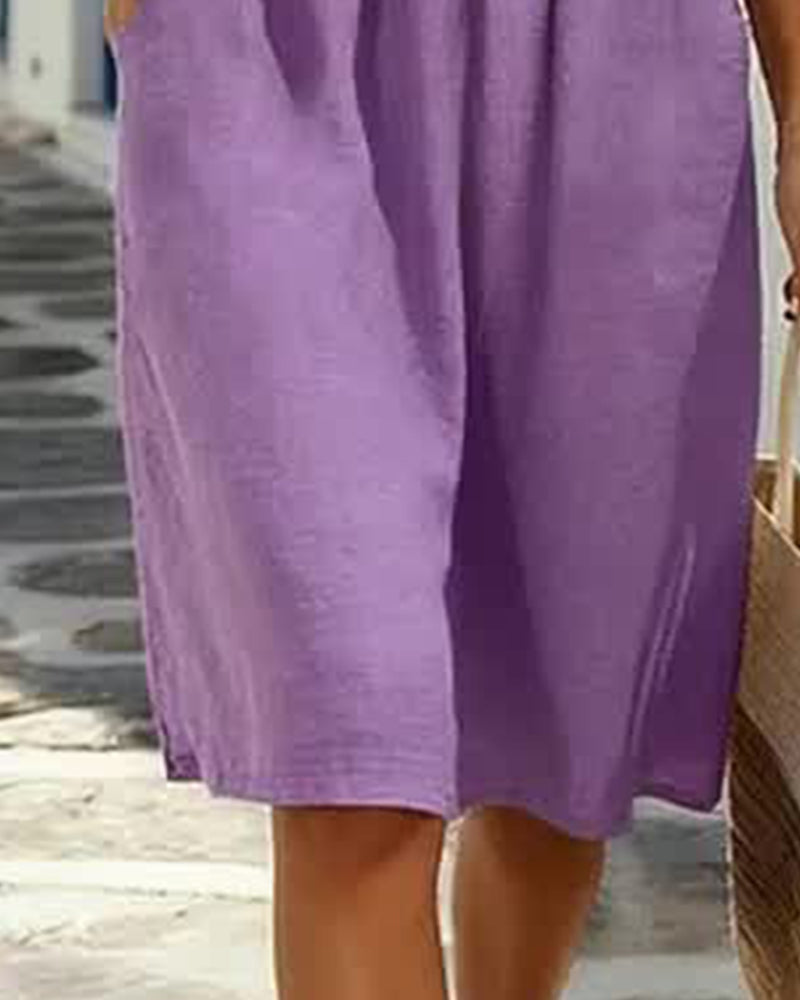 Kjole Ren Bomull Kortermet V-Hals Plissert