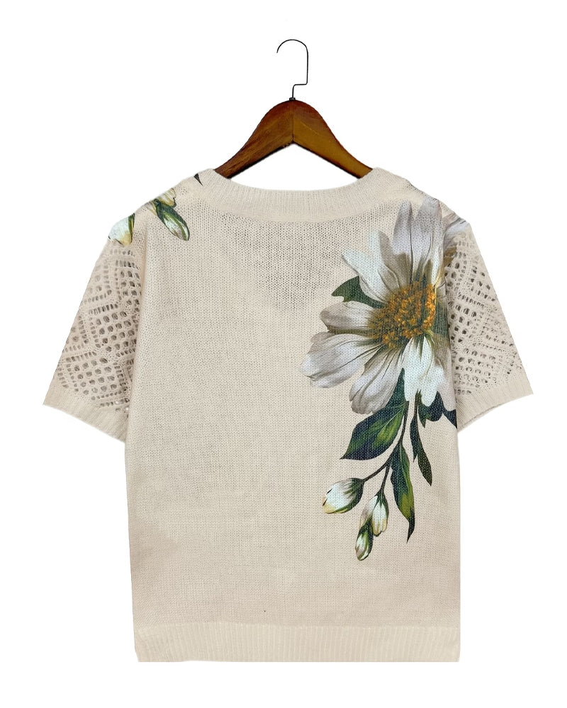 Pullover V-Hals Strikket Blomstret