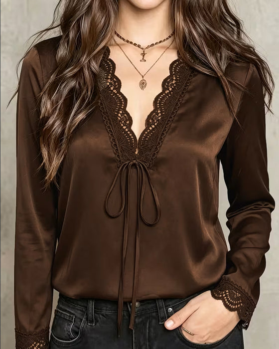 Bluse Lang Erme V-Hals Blonder Patchwork