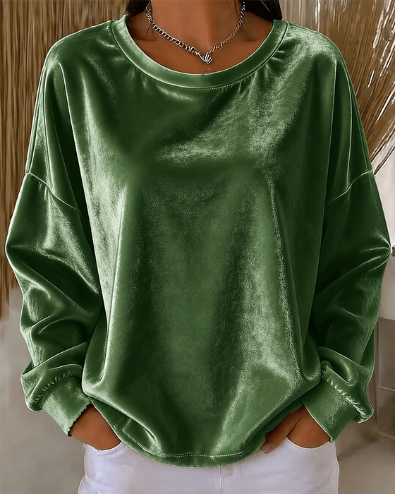 Bluse Rund Hals Drop Skulder Avslappet Lang Erme