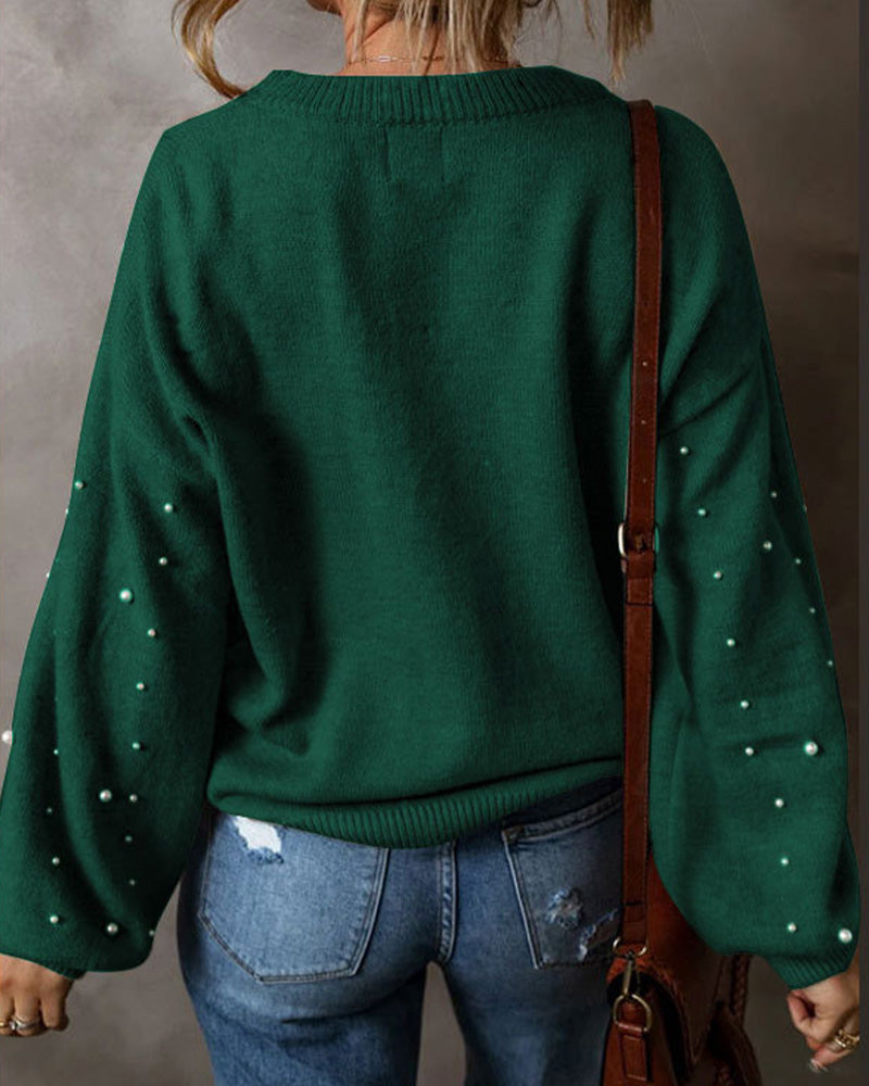 Pullover Med Perler Lang Erme Rund Hals
