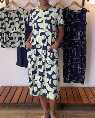 Kjole avslappet hverdags rund hals printet