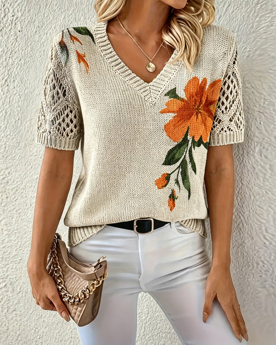 Pullover V-Hals Strikket Blomstret