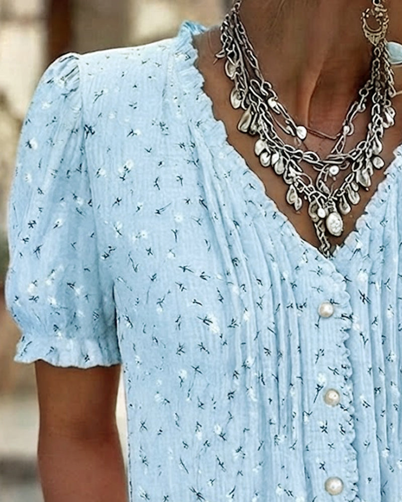 Bluse Pufferme Blomstret Trykk Kortermet