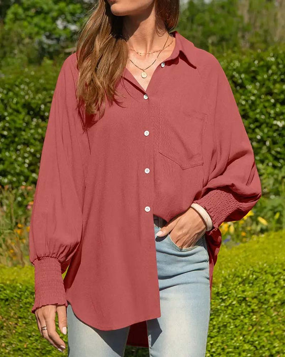 Bluse Løs Lomme Ensfarget Elastisk-Erme