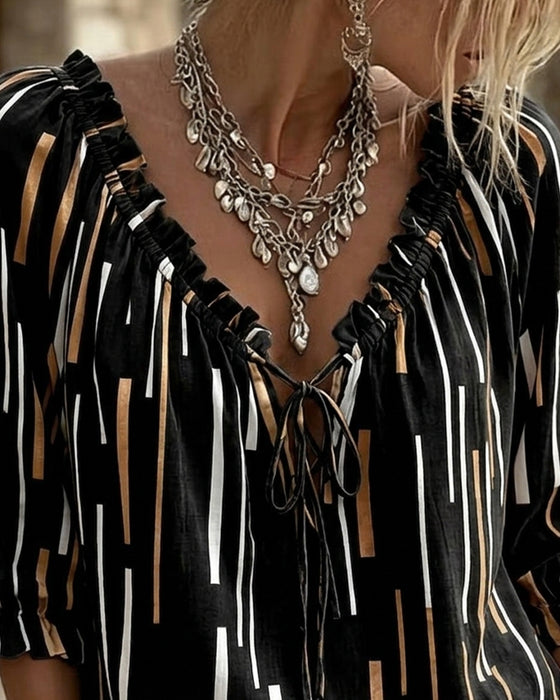 Bluse V-Hals Ruffle Trim Stripe