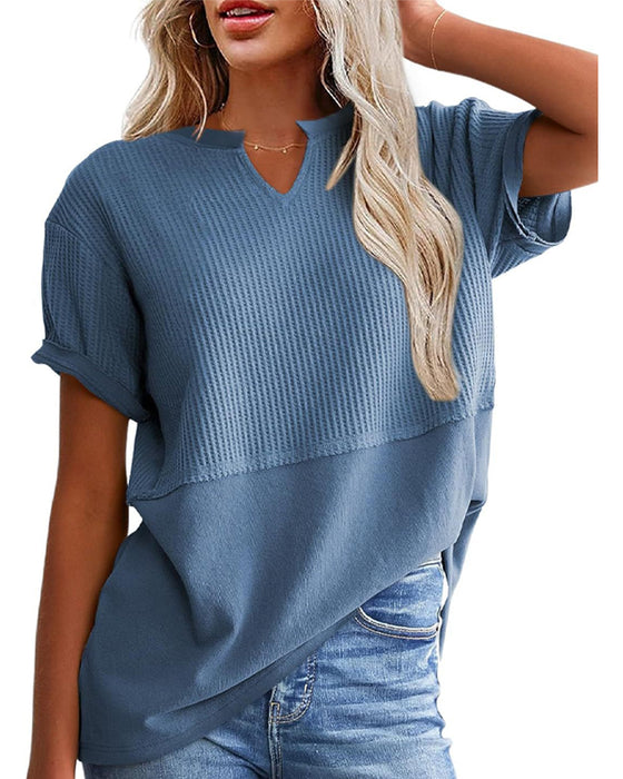 T-Skjorte Innsnørt Midje Lappeteppe V-Utringning Pullover
