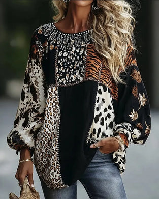 Bluse Rund Hals Leopard Tiger Trykk Kontrast