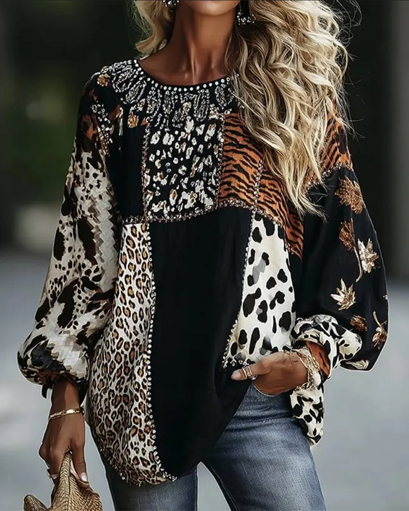 Bluse Rund Hals Leopard Tiger Trykk Kontrast