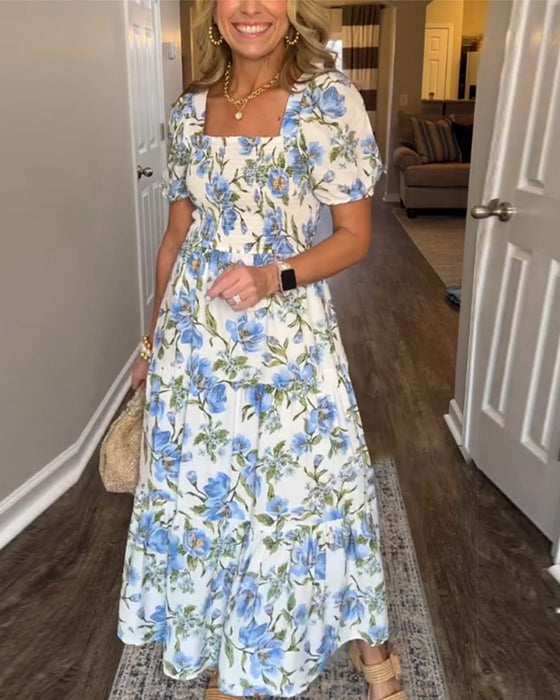 Kjole Firkantet Utringning Plissert Blomstret A-Linje