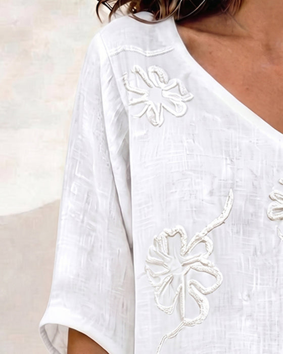 V-Hals Bluse Blomstret Halverm