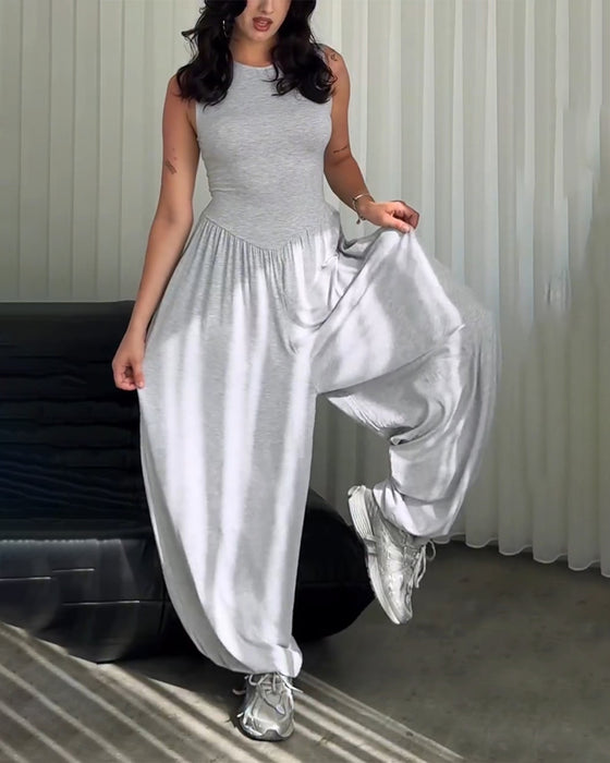 Jumpsuit Rund Hals Ermeløs Slim Fit Vide Bein