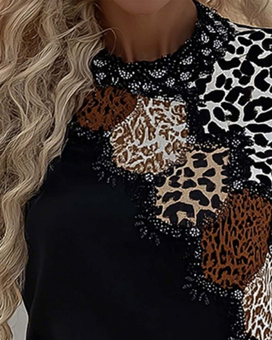 Topp Lang Erme Leopard Patchwork Casual