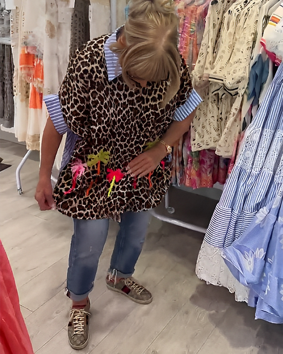 Stripet Revers Leopardmønster Skjorte