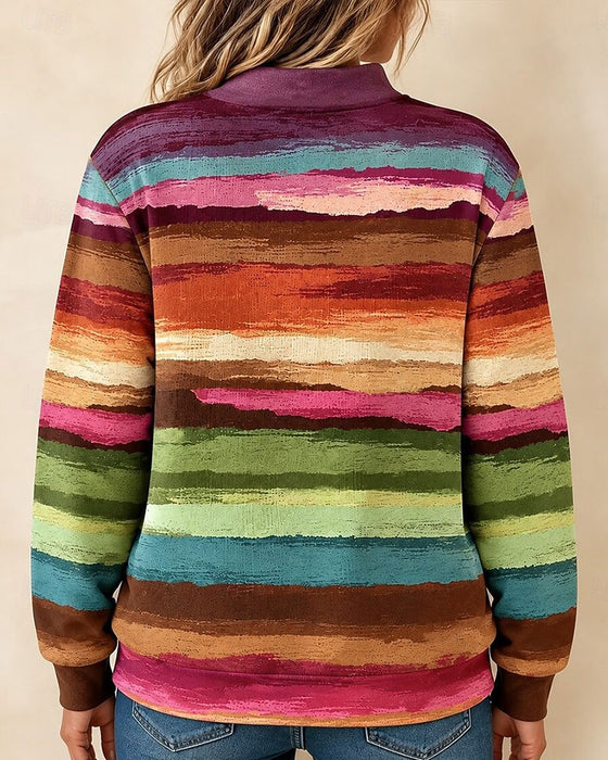 Sweatshirt Vintage Fargerik Stripet Halv Glidelås Stående Krage Lang Erme