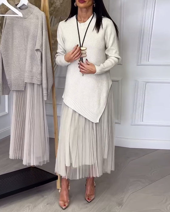 To-Delt Sett Med Genser Og Skjørt I Rund Hals Og Uregelmessig Design