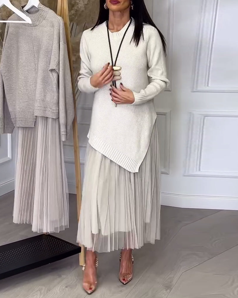 To-Delt Sett Med Genser Og Skjørt I Rund Hals Og Uregelmessig Design