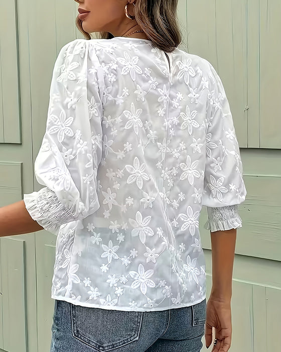 Bluse Rund Hals Puffererme Tredimensjonal Blomstret