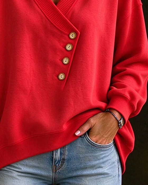 Sweatshirt Diagonal Knapp V-Hals Pullover