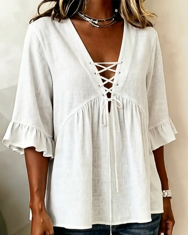 Bluse Ensfarget V-Hals Rysj