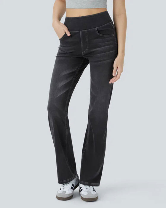 Bukser Høy Midje Denim Lomme Vide Bena