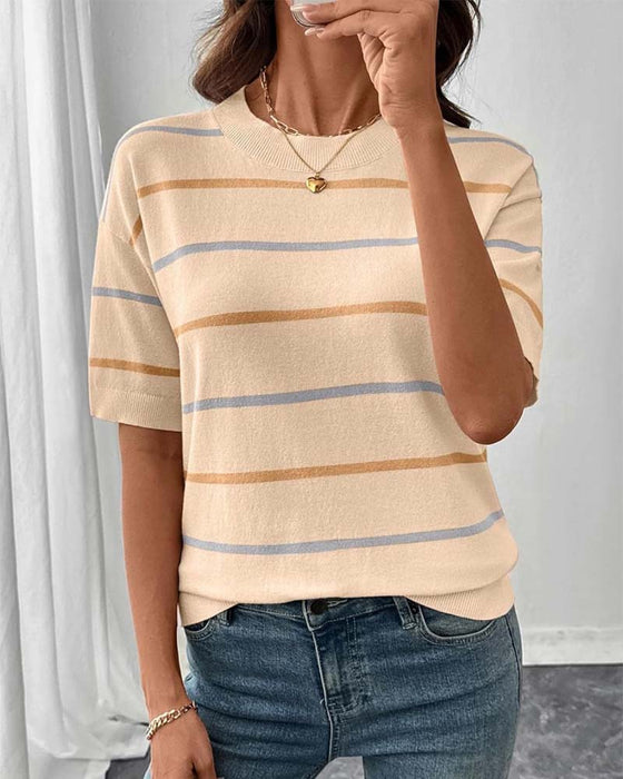 Pullover Stripe Kontrastfarge Kortsermet Strikket