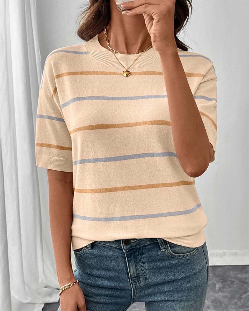 Pullover Stripe Kontrastfarge Kortsermet Strikket