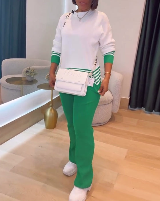 Stripete Kontrast Pullover Bukse Sett