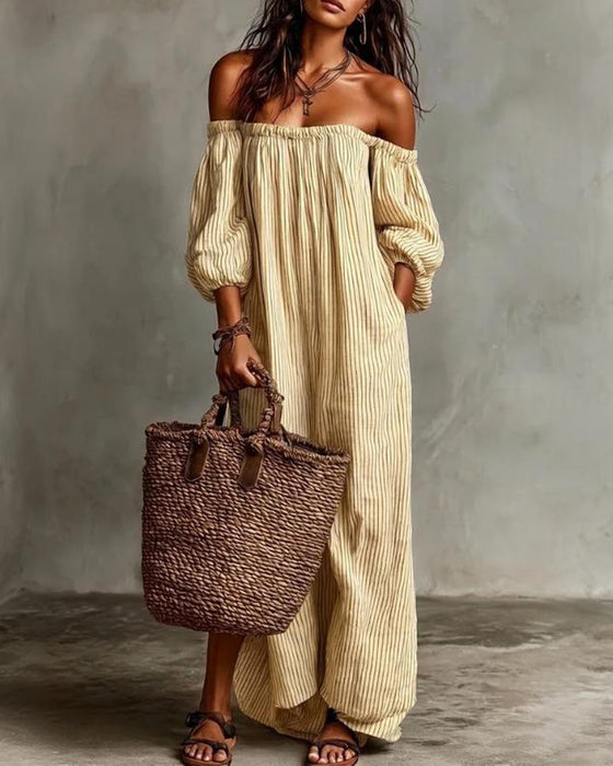 Kjole Løs Off-Shoulder Stripet
