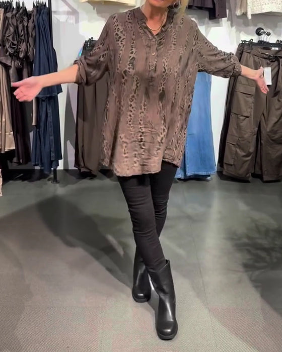 Bluse V-Hals Knapp Foran Leopard Trykk Avslappet