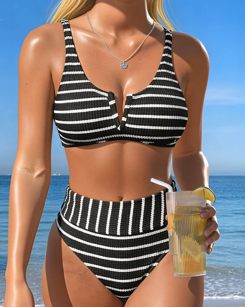 Bikini Svart Hvit Ribbet Stripe