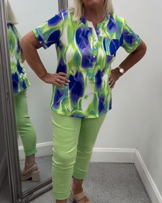 Bluse Henley Hals Ombre Trykk Kort Erme Lomme