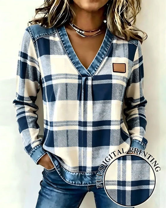 Topp V-Hals Rutete Denim Patchwork