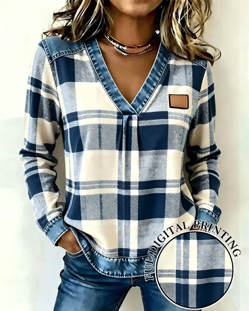 Topp V-Hals Rutete Denim Patchwork