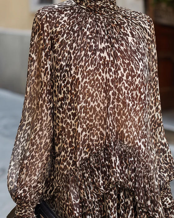 Bluse Turtleneck Ruffle Leopard