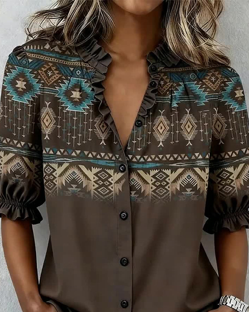 Blus Western Stil Printed Volang Korte Ærmer