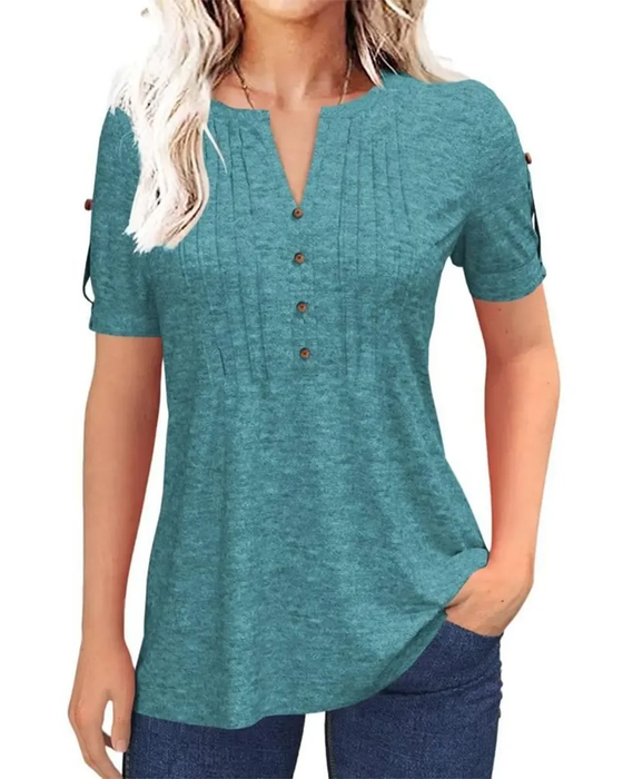 T-Shirt Plissert Henley Kort Erme