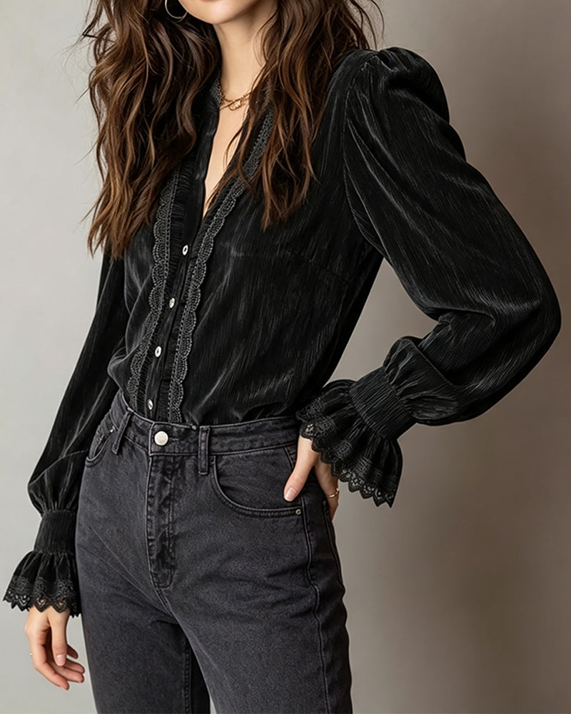 Bluse Puffererme Ruffle Knapp Foran