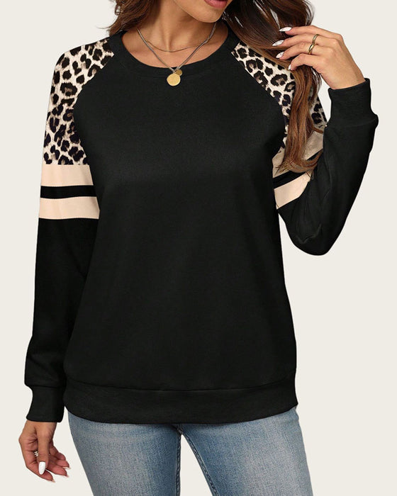 Sweatshirt Lang Erme Rund Hals Leopardstripet