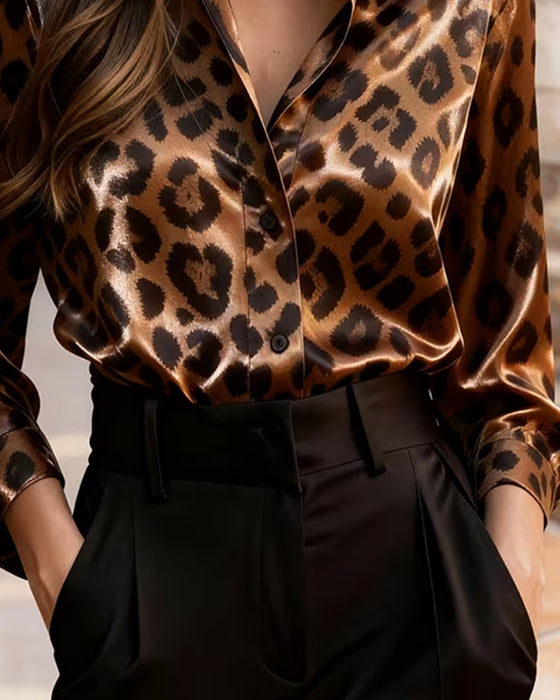 Bluse Krage Leopard Trykk Langermet Drapet