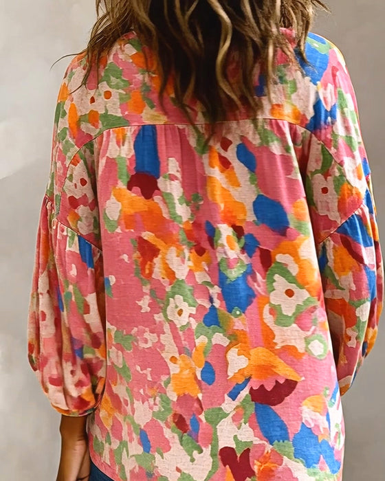 Bluse Fargerik Trykt Lykteerm Frynser