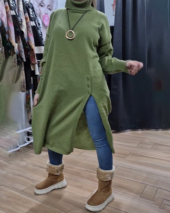 Pullover Turtleneck Knapp Spalte Lang