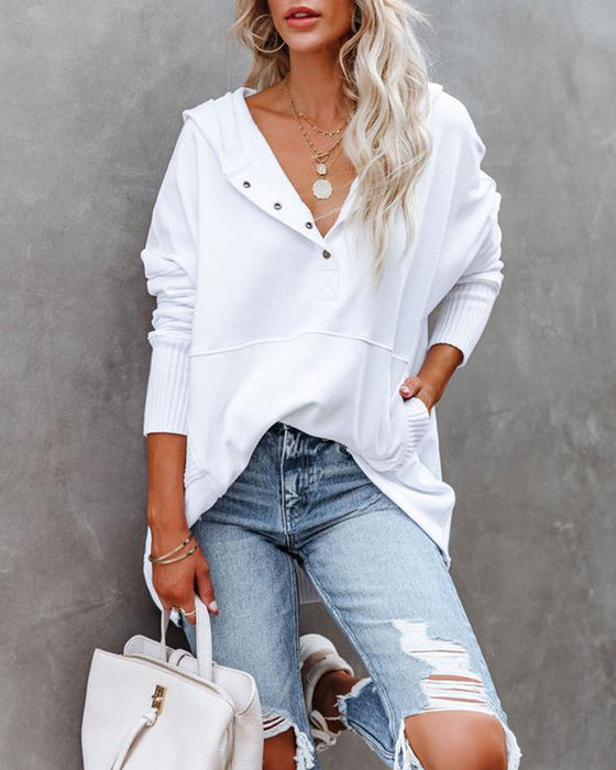 Sweatshirt casual v-hals hette ensfarget løs