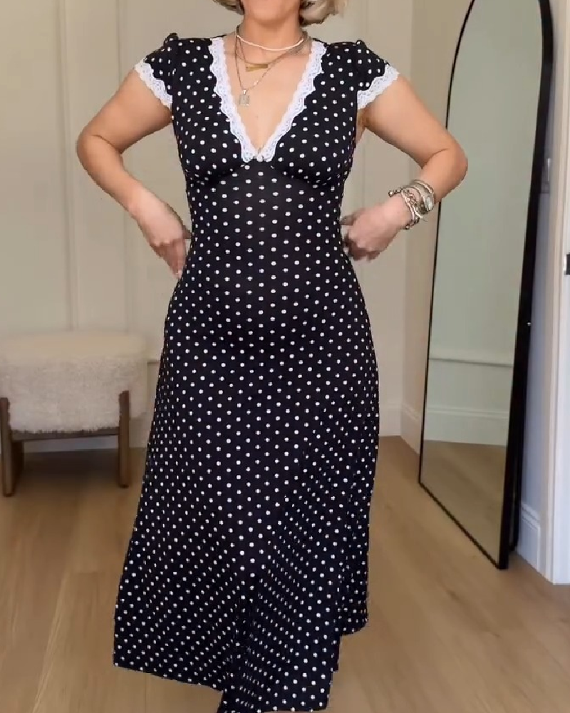 Kjole Retro Prikket Blondkantet