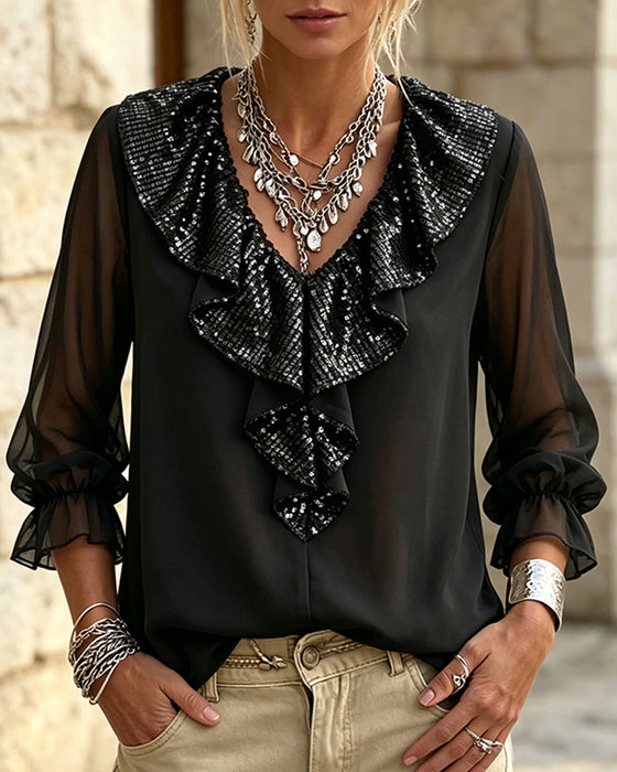 Bluse Stilig V-Hals Blondekant Sheer