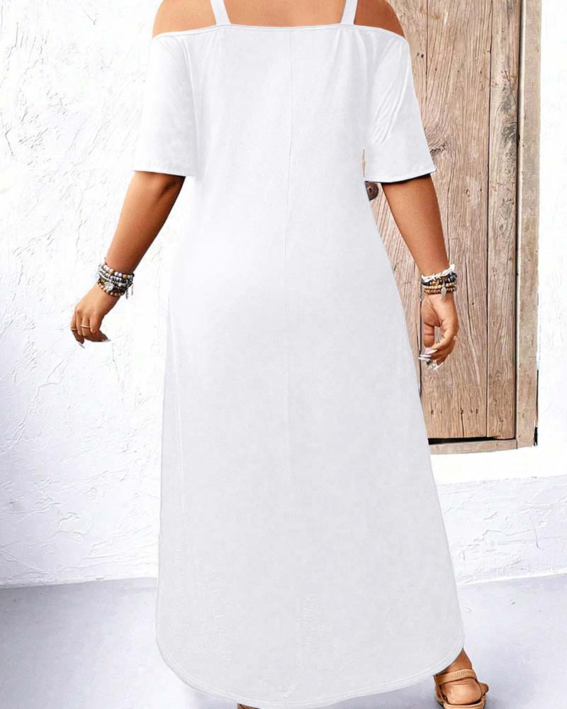 Kjole Ensfarget V-Utringning Off-Shoulder Lang