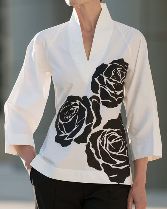 Bluse V-Hals Blomstret Trykk